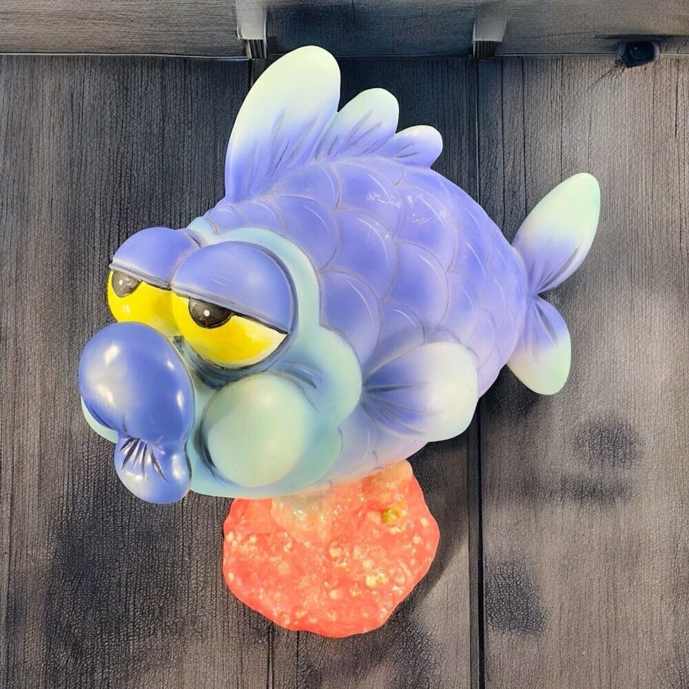 Kissing Glittery Fish Figurine Blowfish Signed Resin Whimsical Figure Decor VTG